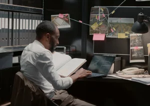 An investigator sits in an office intently combing through collected evidence.
